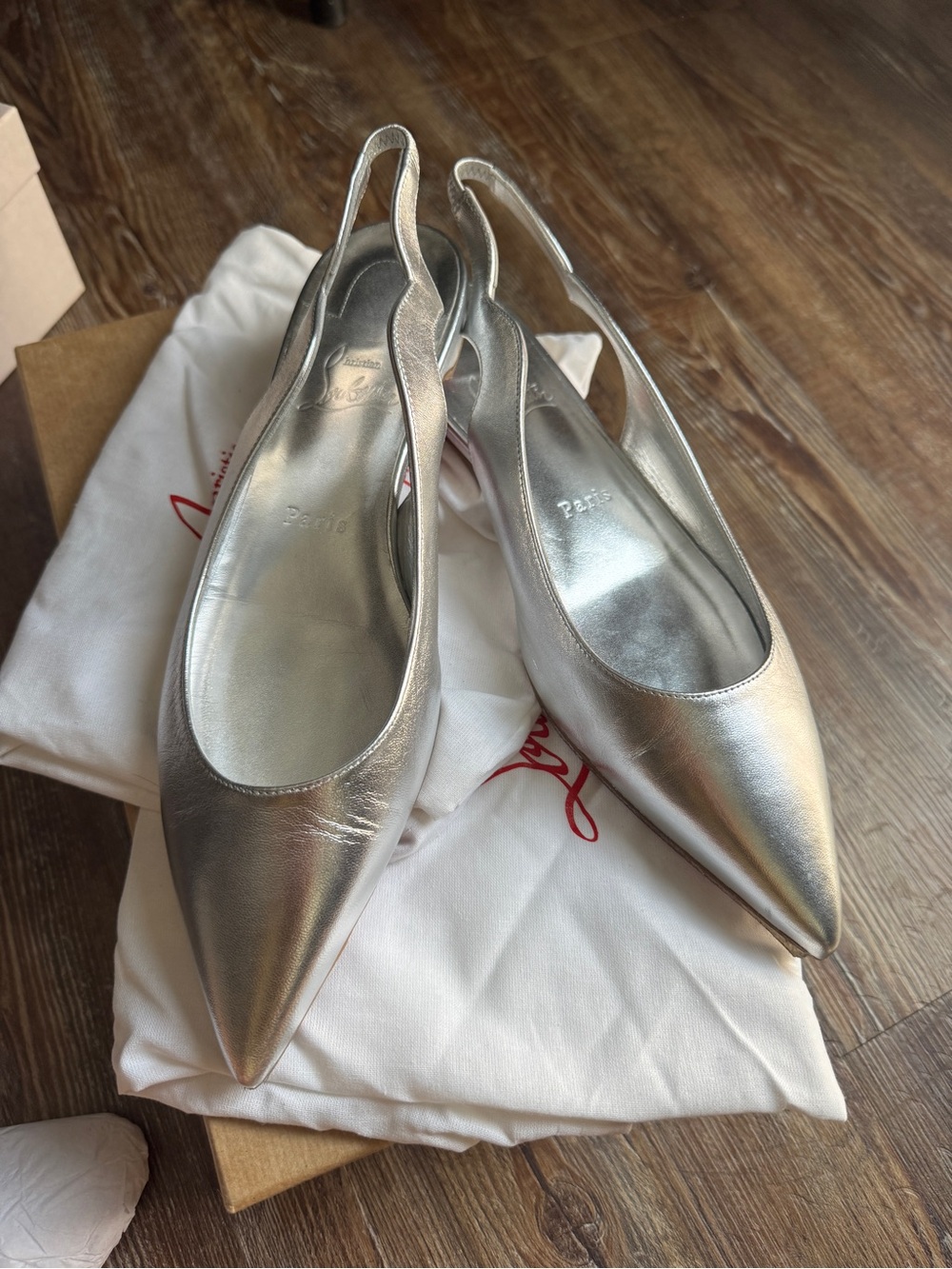 Christian Louboutin Silver Pointed Slingback Flats - Women's Metallic Leather - Picture 3 of 11